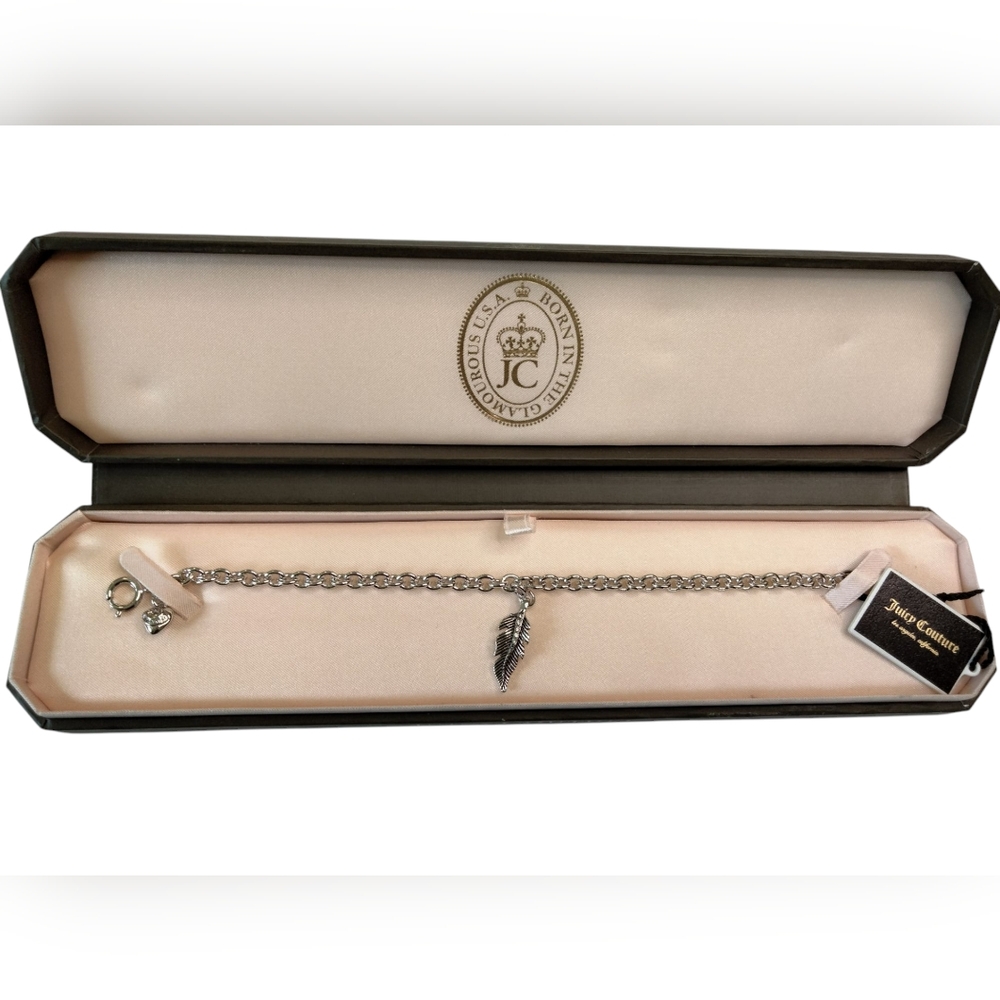 Vintage New Juicy Couture Silver Feather Charm Bracelet w/Rhinestones.